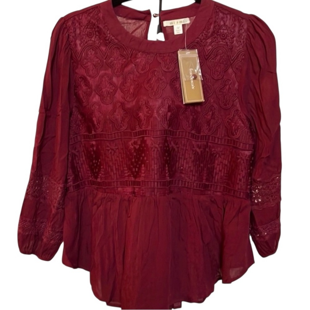 miami Burgundy Embroidered Peasant Blouse